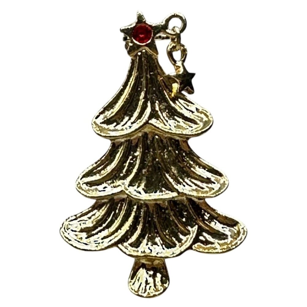 Vintage AAI Christmas Tree Brooch Pin Gold Tone With Red Gem Star Layered